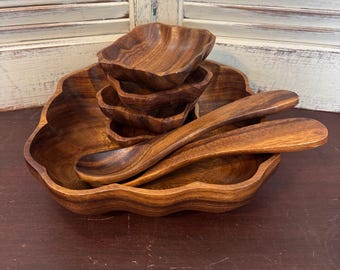 Vintage Monkey Pod Jakobsmuschel Holz Salat Schüssel Set 7 Pc MCM