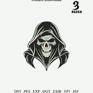 Può includere: Design di ricamo digitale in bianco e nero di un teschio con mantello con cappuccio e naso rosso, su sfondo bianco. Testo: "Download istantaneo" e "3 taglie". Formati file: DST, PES, EXP, DGT, EMB, VP3, JEF.