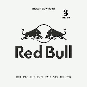 Op de afbeelding: Zwart-wit Red Bull logo met twee aanvallende stieren in een cirkel. De tekst "Red Bull" staat onder de stieren. De woorden "Direct downloaden" en "3 Maten" staan boven het logo. Bestandstypen worden hieronder vermeld.