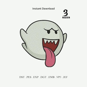 May include: An embroidered design of a cartoon ghost with a wide open mouth, a pink tongue, and sharp teeth. The ghost is white with a black outline. The text "Instant Download" and "3 Sizes" are above the ghost. Below the ghost are file types.