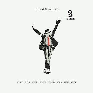 May include: An embroidery design file featuring a silhouette of a person in a suit, hat, and red tie with arms raised. Text includes Instant Download, 3 SIZES, and file formats DST, PES, EXP, DGT, EMB, VP3, JEF, and SVG in a clean white background.
