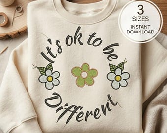Está bien ser diferente (bordado a máquina), descarga digital de la flor de la neurodiversidad, diseño de amor propio.