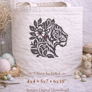 Floral Tiger Kopf Stickerei, dunkle Kunst exotisches Tier Maschinenstickerei, Instant Download