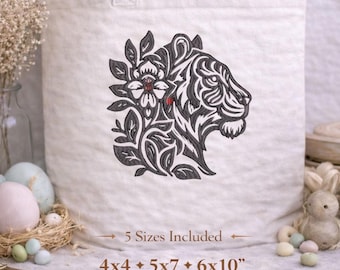Floral Tiger Kopf Stickerei, dunkle Kunst exotisches Tier Maschinenstickerei, Instant Download