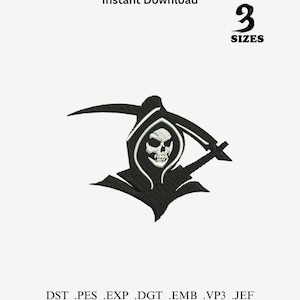 Op de afbeelding: Zwart-wit borduurontwerp met de Grim Reaper met een schedelgezicht en een zeis. De afbeelding bevat de tekst "Direct downloaden" en "3 Maten". Bestandsformaten: DST, PES, EXP, DGT, EMB, VP3, JEF.