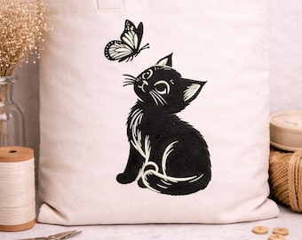 Bordado a máquina de gato y mariposa / Elegante patrón animal / Descarga digital