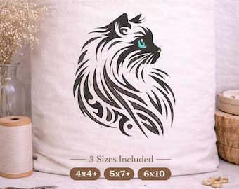 Katzengesicht Stickerei, Langhaar Flauschiges Tier, Modernes Feline Haustier, 3 Größen