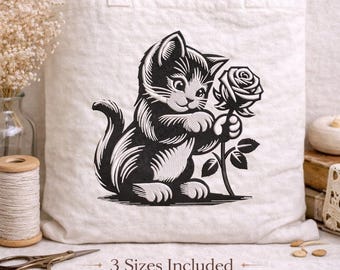 Bordado a máquina de silueta de gatito floral, perfil felino artístico, gato botánico con flor, arte digital