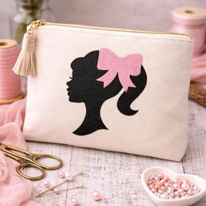 Barbie Girl Embroidery Design | Elegant Doll with Hair Bow Silhouette | Machine Embroidery File