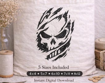 Totenkopf Flammen Totenkopf Maschinenstickerei, Gothic zerrissenes Gesicht (Digital Download)