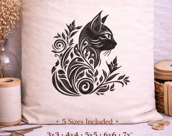Bordado a máquina de gato floral, patrón de mascota negra, descarga digital instantánea.