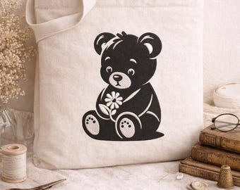 Diseño de bordado de osito de peluche con flores, archivo digital floral para bebé, body, almohada, 3 tamaños