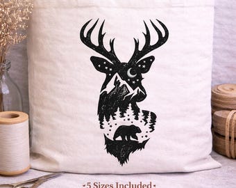 Bordado a máquina de cabeza de ciervo / Escena nocturna de montaña con oso en el bosque / Naturaleza rústica