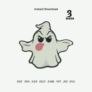 Op de afbeelding: Een cartoon spookontwerp met een boze uitdrukking, met zijn roze tong uitgestoken. De afbeelding bevat de tekst "Direct downloaden" en "3 MATEN". Onder het spook staan bestandsextensies.