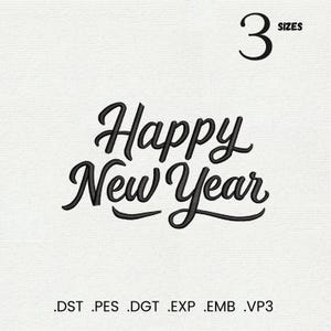 Op de afbeelding: Zwarte cursieve tekst op een witte achtergrond leest "Happy New Year". Boven de tekst staat het nummer "3" met het woord "SIZES" ernaast. Onder de tekst staan bestandstype afkortingen.