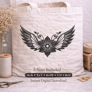 Ricamo a macchina con fiore alato, ricamo floreale FeatherArt, motivo naturalistico, download immediato