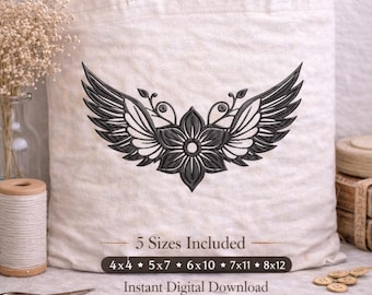 Geflügelte Blume Maschinenstickerei, Florales FeatherArt Stickerei, Naturmuster, sofortiger Download