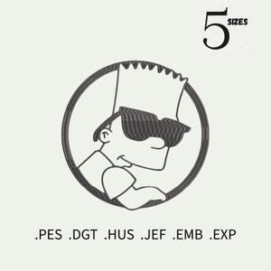 Peut inclure: Motif brodé en noir et blanc d'un personnage de dessin animé portant des lunettes de soleil, dans un cadre circulaire. L'image comprend le chiffre "5" avec le mot "SIZES" à côté. En dessous du personnage se trouvent les extensions de fichier .PES .DGT .HUS .JEF .EMB .EXP.