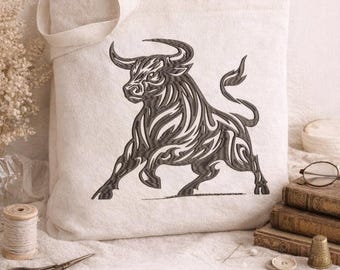 Diseño de bordado tribal de toro, silueta del zodiaco Tauro, patrón a máquina, 5 tamaños, descarga digital