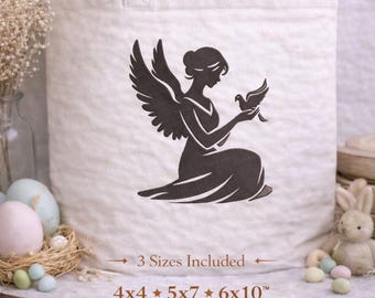 Bordado a máquina de ángel con paloma, diseño de hada conmemorativa, arte religioso y espiritual, tema negro.