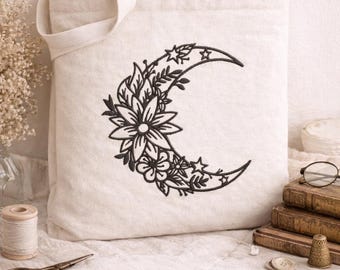 Blumenmond Stickdatei, Halbmond mit Blumen, Boho Stickmuster, 5 Größen