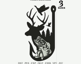 May include: Black and white digital design featuring a deer, fish, birds, and trees within a fishing hook shape. Text reads "Instant Download" and "3 SIZES". Includes file formats DST, PES, EXP, DGT, EMB, VP3, and JEF.
