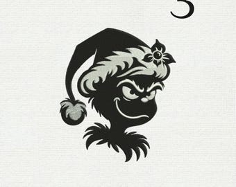 Diseño de bordado de cabeza de dibujos animados del Grinch, archivo de máquina de silueta navideña, parche festivo divertido, 3 tamaños