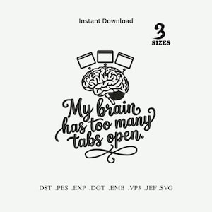 Pode incluir: Um design de bordado digital preto apresentando um cérebro humano com três abas de navegador acima. O texto diz, My brain has too many tabs open. A imagem inclui o texto Instant Download, 3 SIZES, e formatos de arquivo.