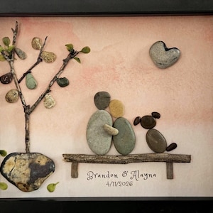 Custom Pebble Art Portrait: Couple and Dog Under Driftwood Tree