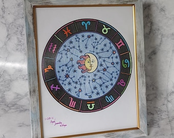 Hand-Colored Sun Moon Zodiac Wall Art – Mystical Boho Astrology Decor (8x10)