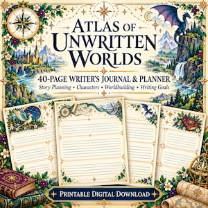以下が含まれることがあります： 「Atlas of Unwritten Worlds」と題された40ページの作家用ジャーナル兼プランナー。ドラゴン、城、風景のファンタジーイラストが特徴です。印刷可能なデジタルダウンロードには、装飾的な縁取り、花のアクセント、コンパスのモチーフが施された罫線入りのページが含まれています。