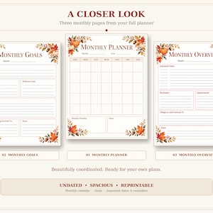 Peut inclure: Trois pages de planificateur imprimables avec des bordures sur le thème de l'automne, ornées de citrouilles, de glands et de feuilles. Les titres sont Monthly Goals, Monthly Planner et Monthly Overview. Le texte inclut A Closer Look, Undated, Spacious, Reprintable.