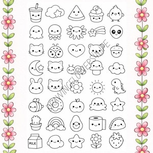 Può includere: Una collezione di illustrazioni di cartoni animati in bianco e nero di vari oggetti e creature, tra cui una bevanda, una nuvola, una fetta di anguria, un cupcake, un pulcino, un fantasma, un polpo, una stella cadente, un alieno, un gatto, una coccinella, un cuore, un orso, una ghianda, una luna, una lumaca, un fungo, un sole, un dinosauro, un'ape, una ciambella, una mela, un avocado, un taco, un cartone di latte e una fragola.