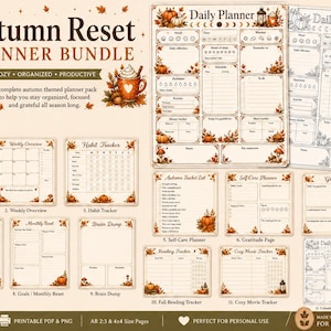 Könnte beinhalten: Ein Autumn Reset Planer-Set mit verschiedenen druckbaren Seiten, darunter ein Tagesplaner, eine Wochenübersicht, ein Gewohnheitstracker, ein Essensplaner, ein Monatsrückblick, eine Brain-Dump-Seite, ein Selbstfürsorge-Planer und ein Lesetracker.