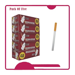 May include: A pack of five boxes of cigarette filter tubes. Each box is red with the brand name "Aces" and the number "4" on the front. The boxes also display the text "200 Regular King Size Cigarette Filter Tubes". A single cigarette is also shown.