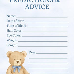 Carte de prédictions et de conseils pour bébé ours en peluche - Jeu de baby shower bleu - Modèle toile modifiable - Imprimable 5 x 7" - Téléchargement immédiat