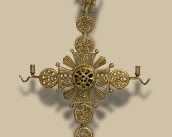Äthiopischer koptischer Messingkreuz-Kerzenhalter, Wandleuchter im äthiopischen Stil, Engel religiöses Dekor, Hand gegossen