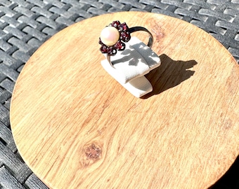 Vintage Art Deco Pearl Garnet Ring: Sterling Silver Retro Jewelry, Size US 6