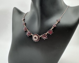 Vintage Garnet Collier Necklace | Seed Pearls| Gilded 830 Silver | Hallmarked
