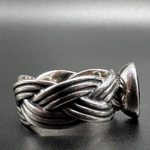 May include: A silver ring with a braided band design and a large, oval, dark purple gemstone. The ring is set against a dark background, highlighting the intricate details of the metalwork and the gemstone's color.