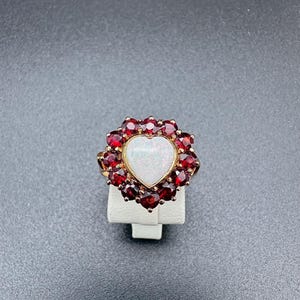 Opal Heart Ring with Garnet Halo | Gold-Plated 925 Silver |