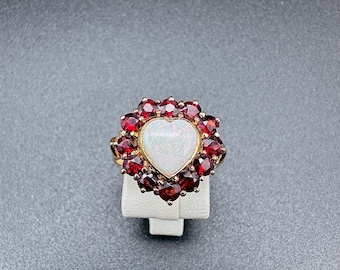 Opal Heart Ring with Garnet Halo | Gold-Plated 925 Silver |