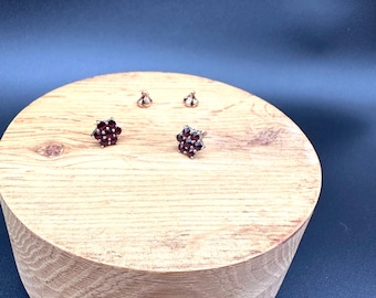 Vintage Garnet Cluster Stud Earrings | Gold-Plated 830 Silver | Hallmarked