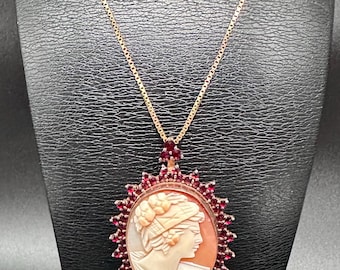 Antique Mid-Century Heribert Engelbert Silver & Garnet Cameo Pendant | Gold-Plated | Hallmarked |