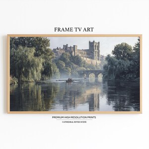 Könnte beinhalten: Ein gerahmter Druck einer Kathedralen-Flussszene. Das Kunstwerk zeigt einen Fluss mit einem Ruderboot, einer Steinbrücke und einer großen Kathedrale auf einem Hügel. Der Text "FRAME TV ART" und "PREMIUM HIGH RESOLUTION PRINTS CATHEDRAL RIVER SCENE" sind sichtbar.