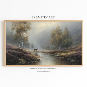 Scottish Highland Stag Samsung Frame TV Art, Misty Glen River Scene, Rustic Nature Landscape Digital Art for Samsung Frame TV