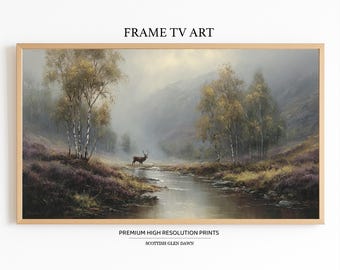 Scottish Highland Stag Samsung Frame TV Art, Misty Glen River Scene, Rustic Nature Landscape Digital Art for Samsung Frame TV