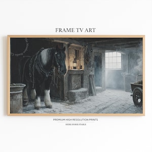 May include: Framed art print of a Shire horse in a stable. The black and white horse stands in a rustic barn with a lantern and cart. The print includes the text "FRAME TV ART" and "PREMIUM HIGH RESOLUTION PRINTS SHIRE HORSE STABLE."