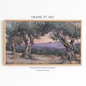 May include: A framed landscape print featuring olive trees with textured bark and lush green foliage. The artwork, labeled "FRAME TV ART," showcases a serene scene with a lavender and purple sky, and the text "PREMIUM HIGH RESOLUTION PRINTS" and "LAVENDAR OLIVE TREES".