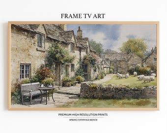 Spring Cotswold Village Garden Samsung Frame TV Art, English Cottage & Sheep Scene, Farm Floral Country TV Art Download